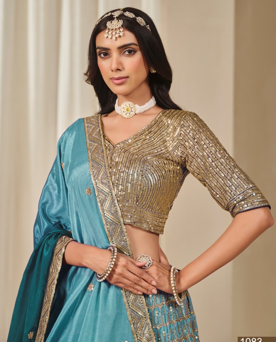 1083-blue - Chinon Trendy Lehenga Choli with Embroidered Work for Ceremonial in Firozi and Teal